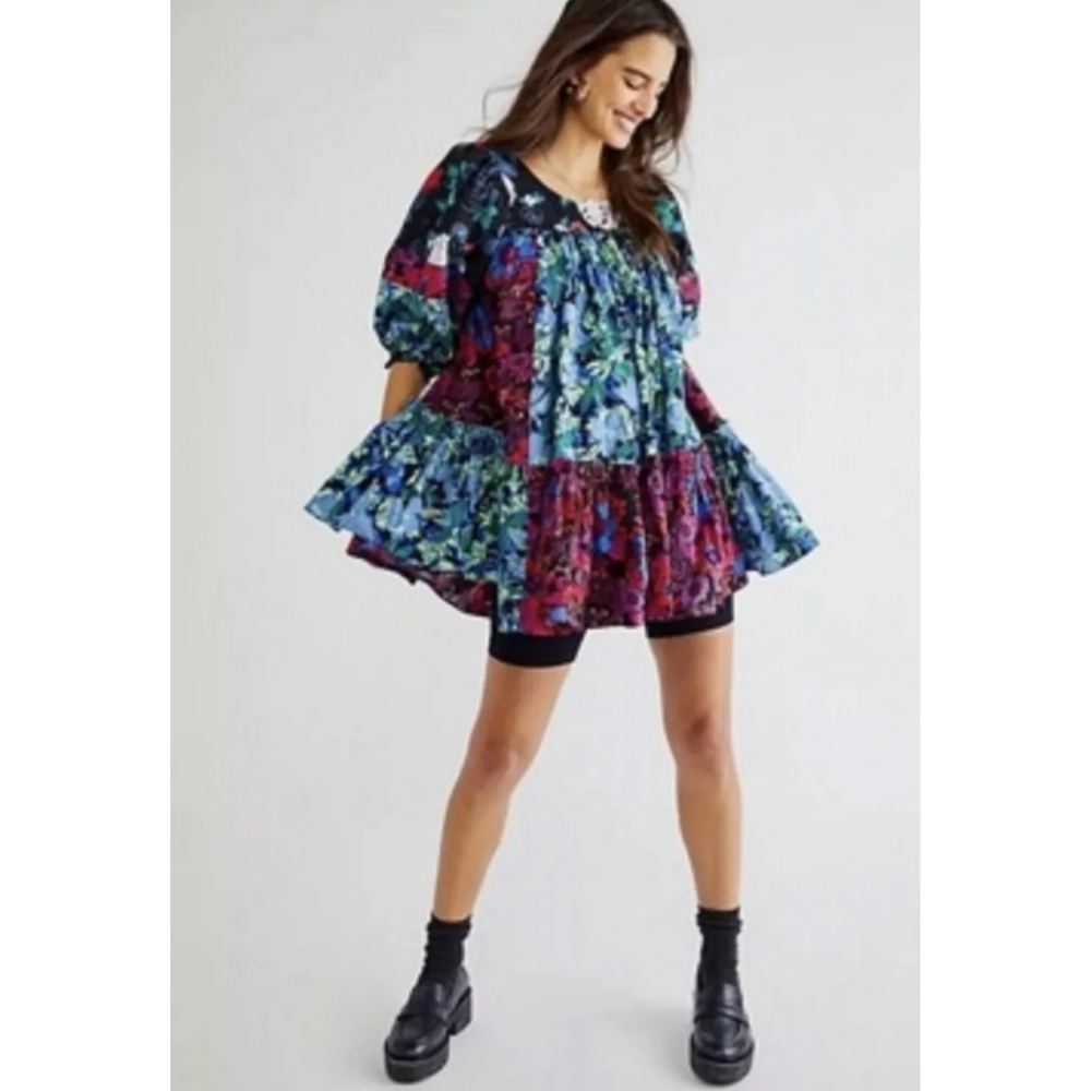 Free People × Prairie Field Mini Dress Floral Print Black Red Blue Green - Picture 2 of 7